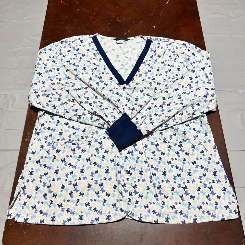 Nu Dimension Butterfly Print Scrub Jacket 3XL Blue Pink Snap Down Plus Size 7012